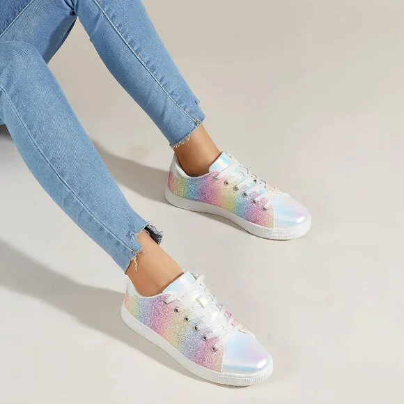 Women's Purple Multi Glitter Shoes Sparkly Bling Shiny Bedazzled Lace Up Sneaker - Picture 7 of 9